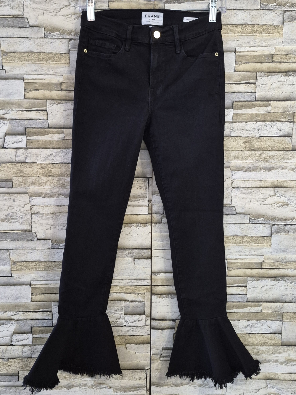 ​FRAME Jeans Women 27 Black Film Noir Ruffle Flare Hem Bell Bottom Boho Western